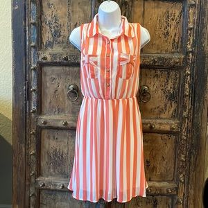 Coral white striped colllared button up flowy knee length dress. Medium 6-8